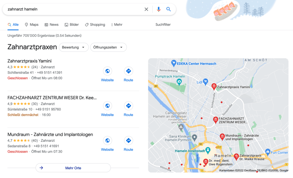 Google Maps Suchergebnisse zur Suchanfrage "Zahnarzt Hameln"