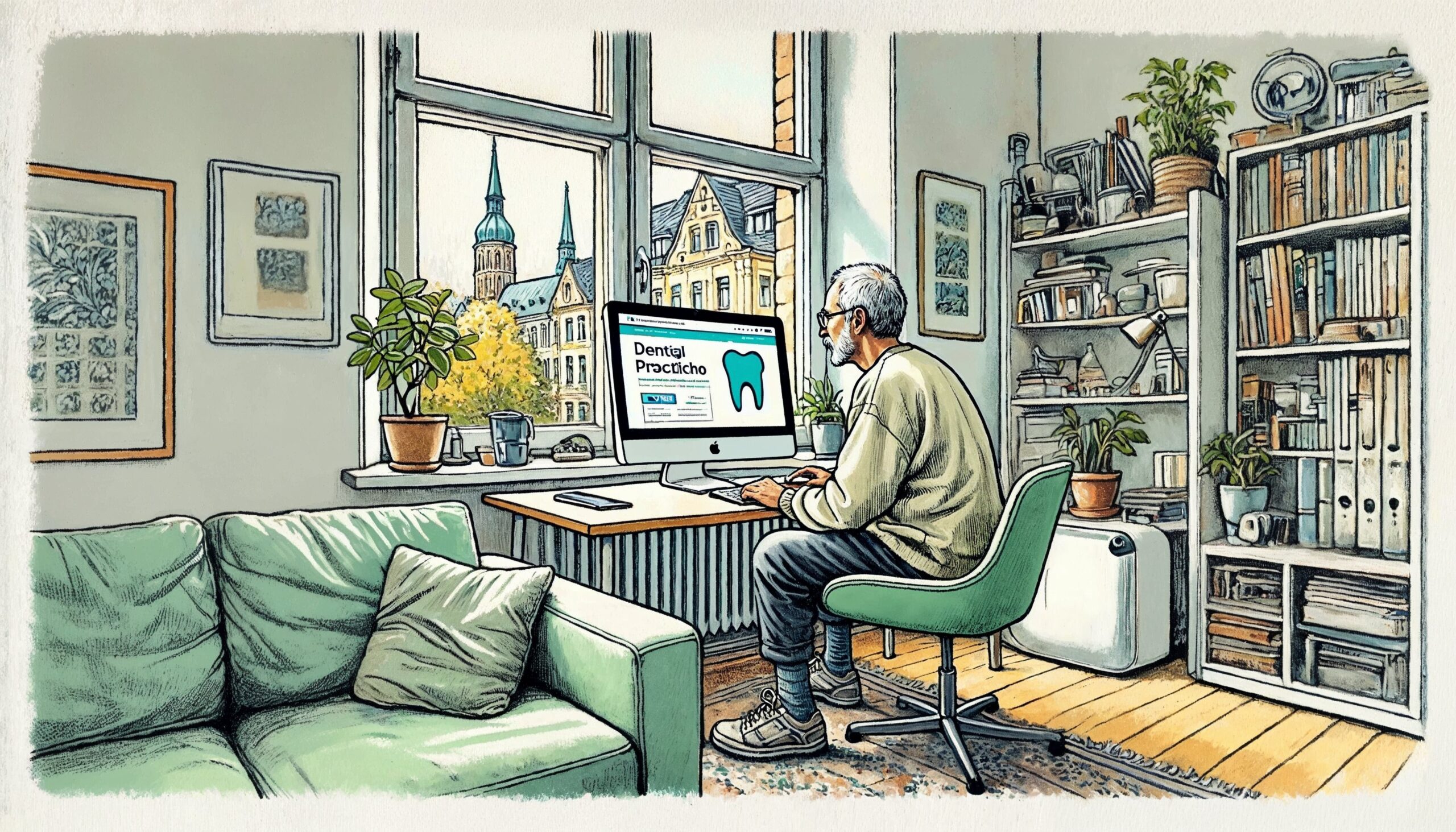 Älterer Mann schaut sich Website von Zahnarztpraxis an