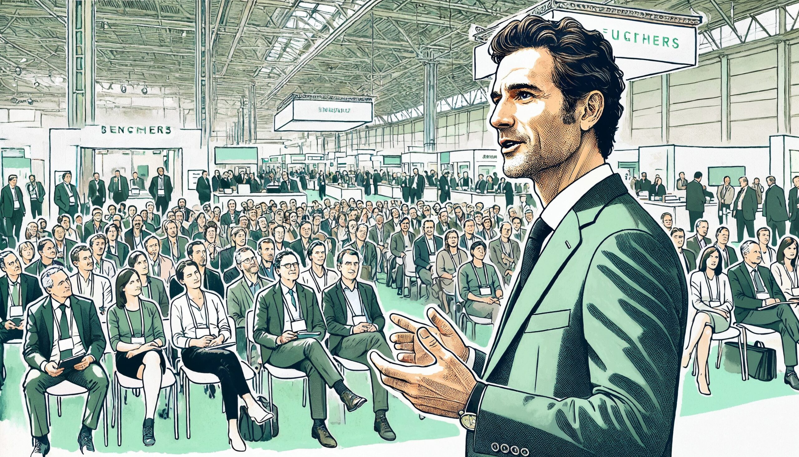 Zahnarzt hält Vortrag vor vielen Menschen auf einer Messe